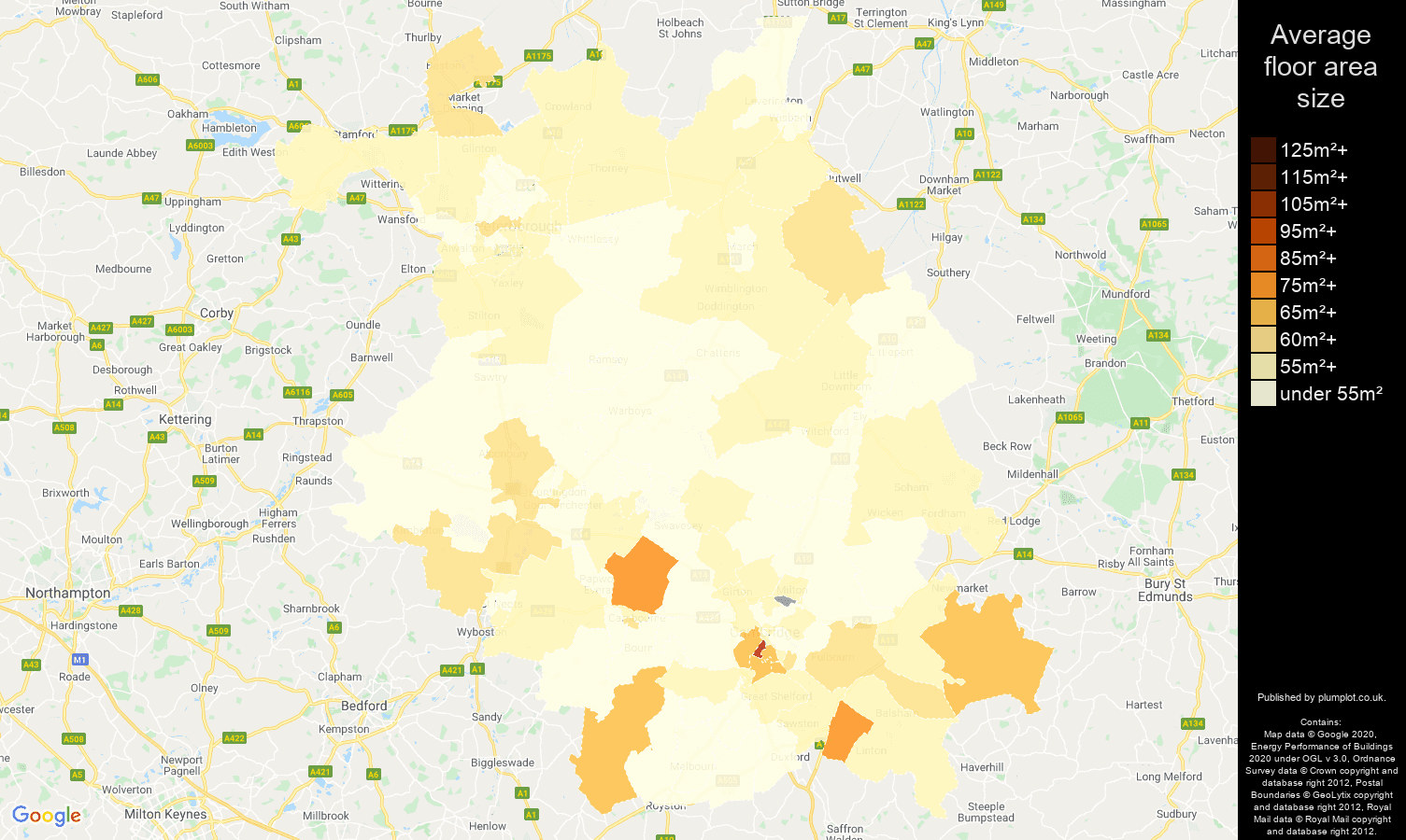Cambridgeshire map of average floor area size of flats