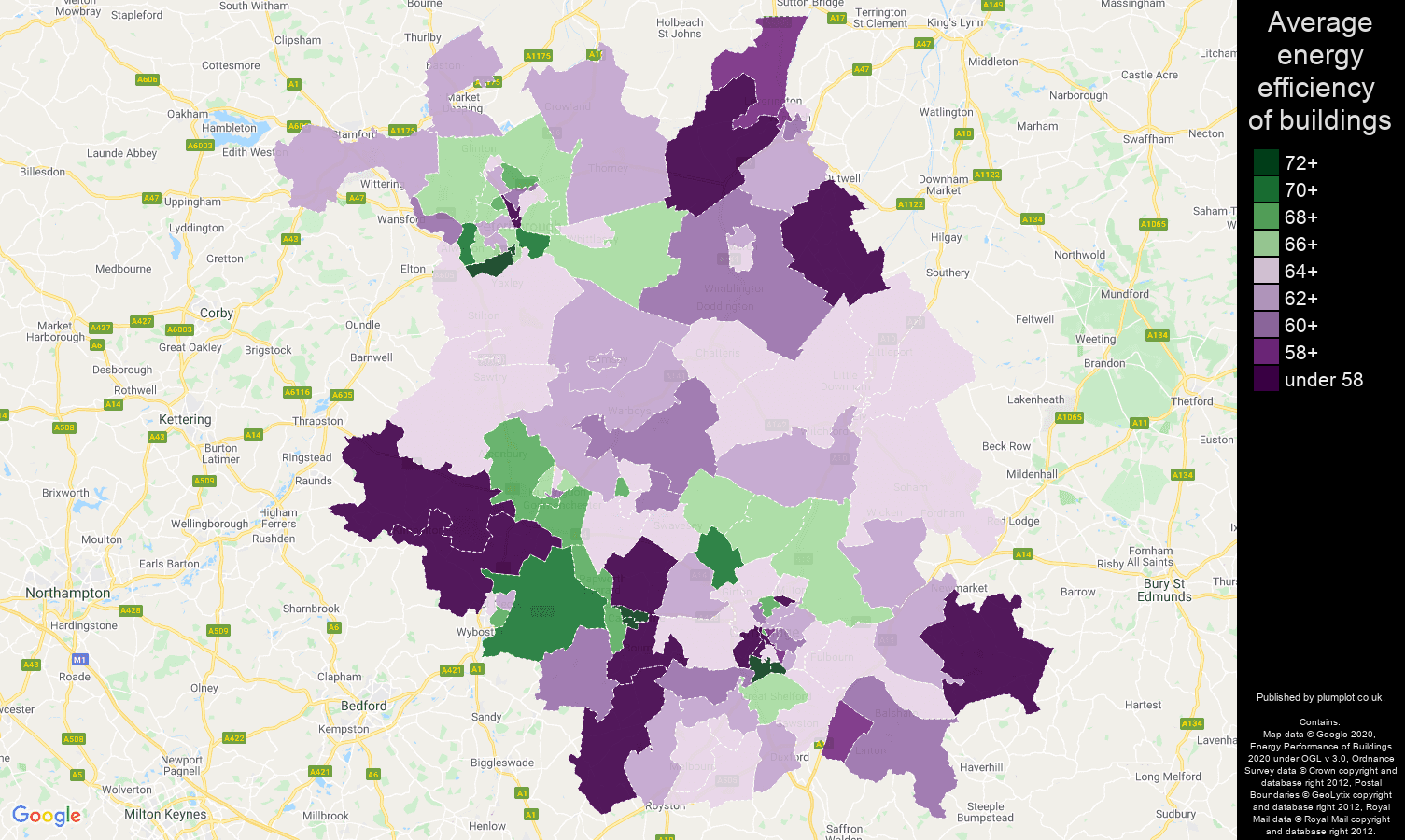 Cambridgeshire map of energy efficiency of houses