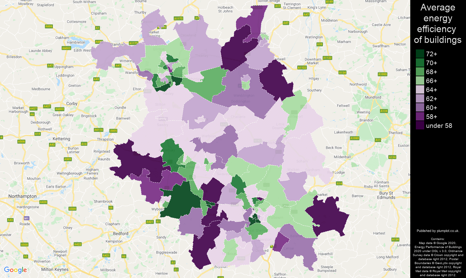 Cambridgeshire map of energy efficiency of properties