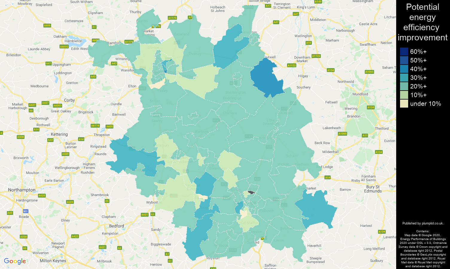 Cambridgeshire map of potential energy efficiency improvement of houses