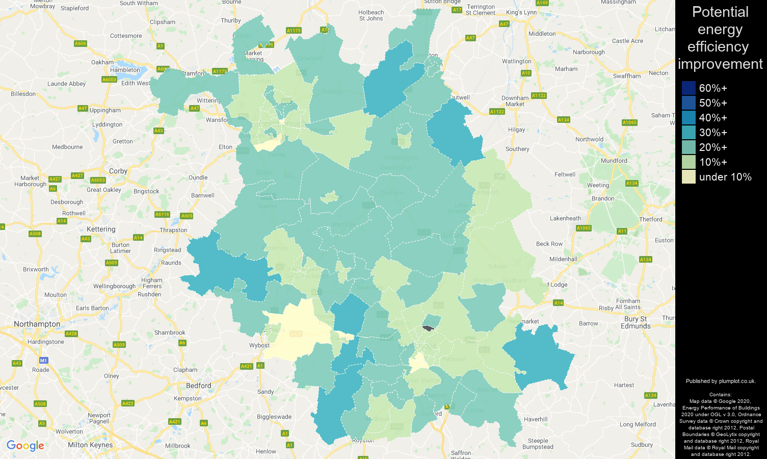Cambridgeshire map of potential energy efficiency improvement of properties