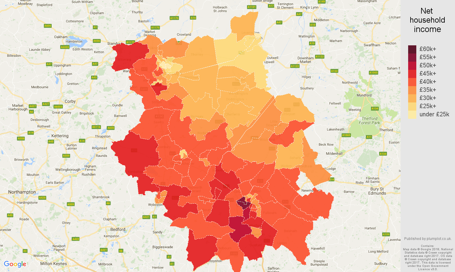 Cambridgeshire net household income map