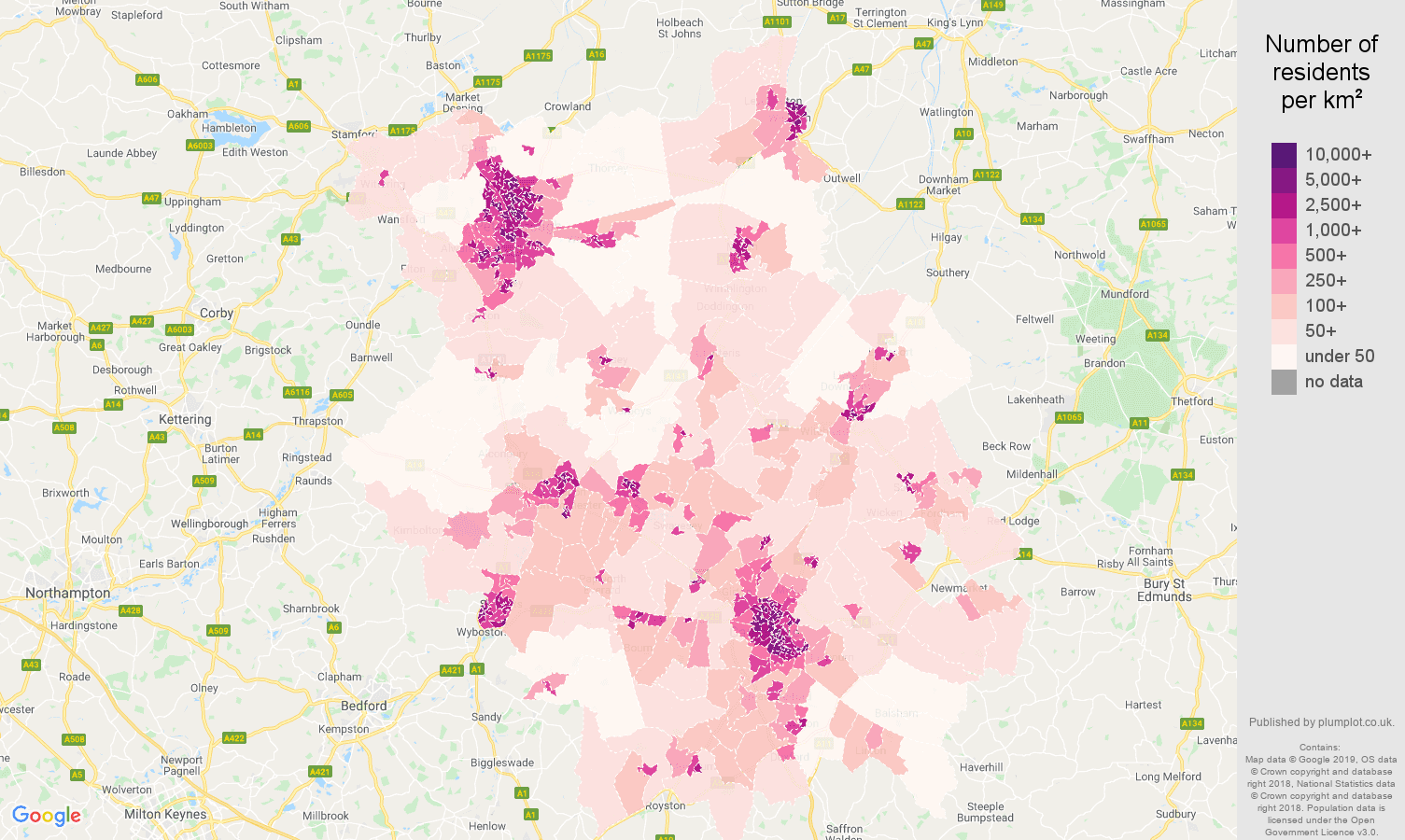 Cambridgeshire population density map