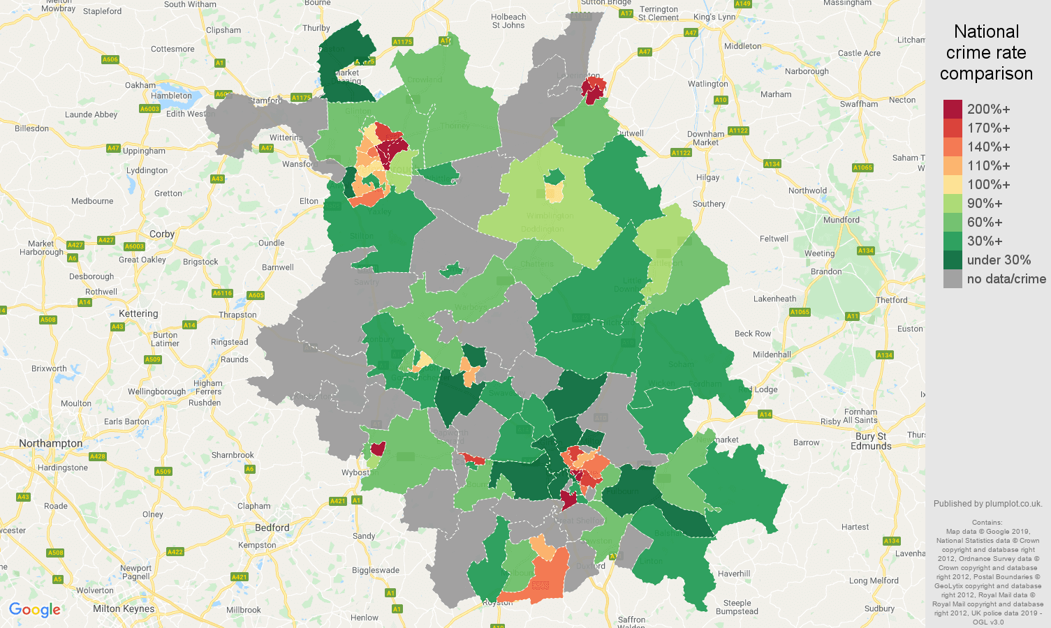 Cambridgeshire possession of weapons crime rate comparison map