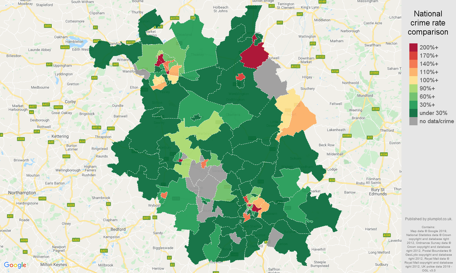 Cambridgeshire shoplifting crime rate comparison map