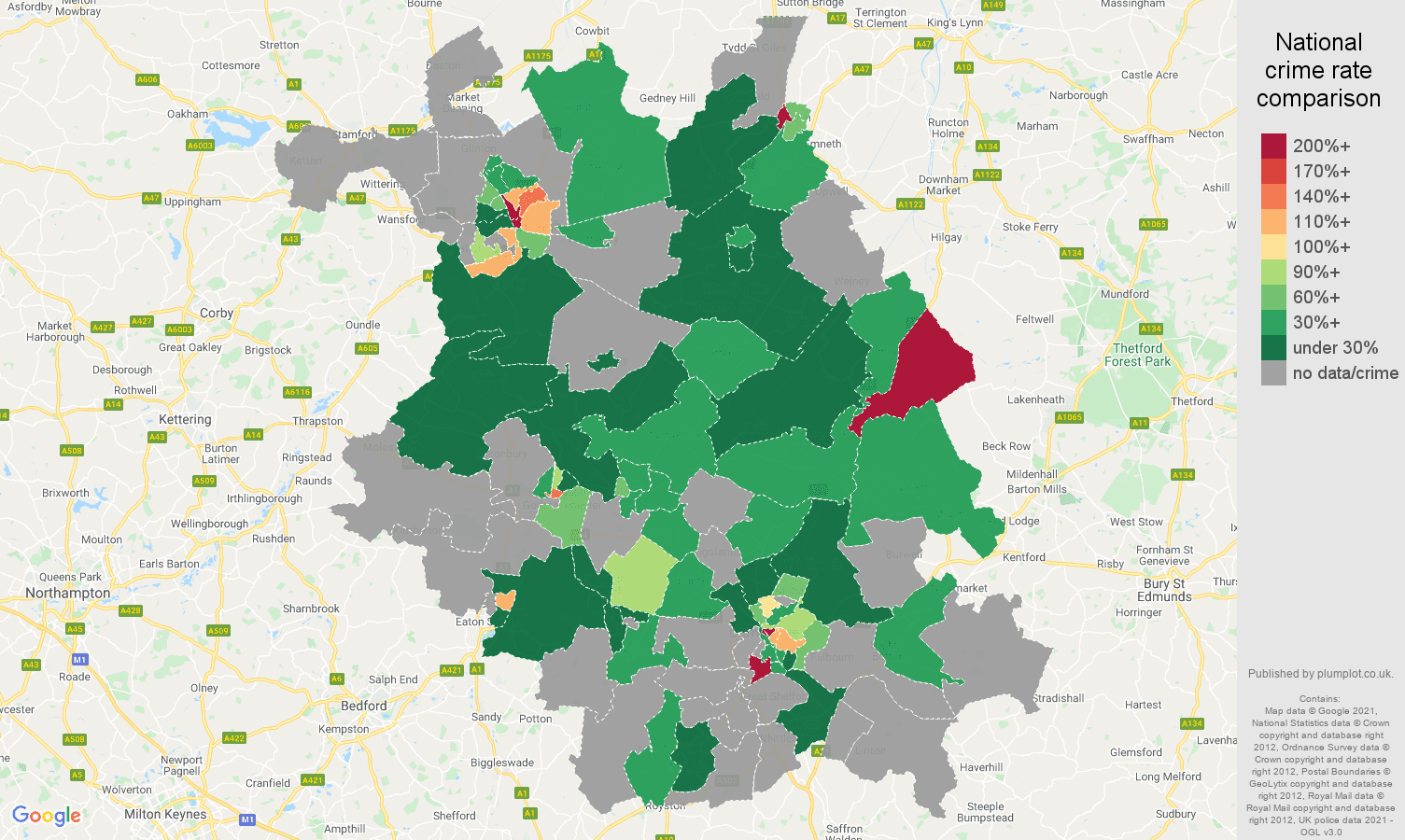 Cambridgeshire theft from the person crime rate comparison map