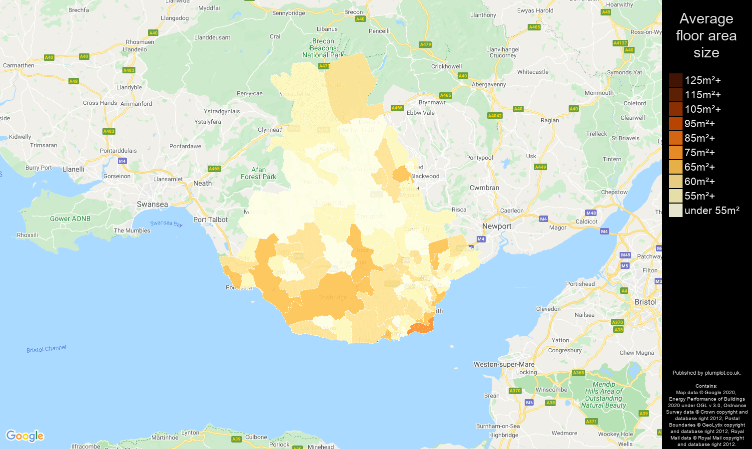 Cardiff map of average floor area size of flats