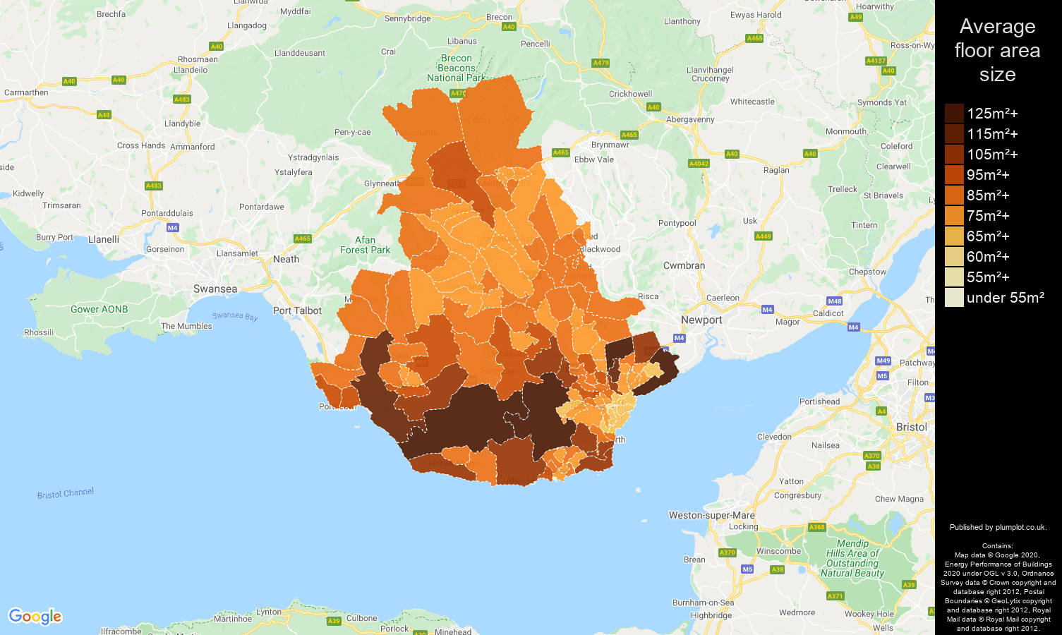 Cardiff map of average floor area size of properties