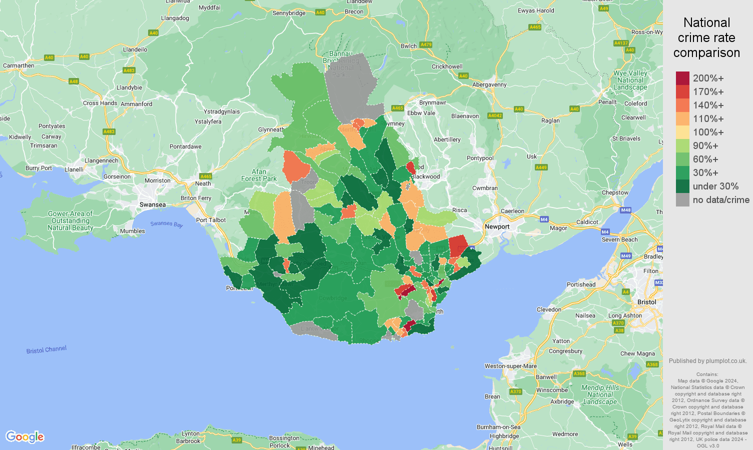 Cardiff possession of weapons crime rate comparison map