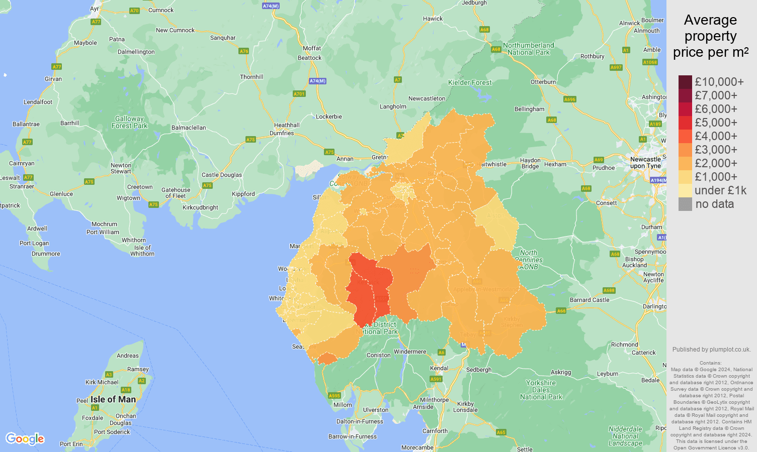 Carlisle house prices per square metre map