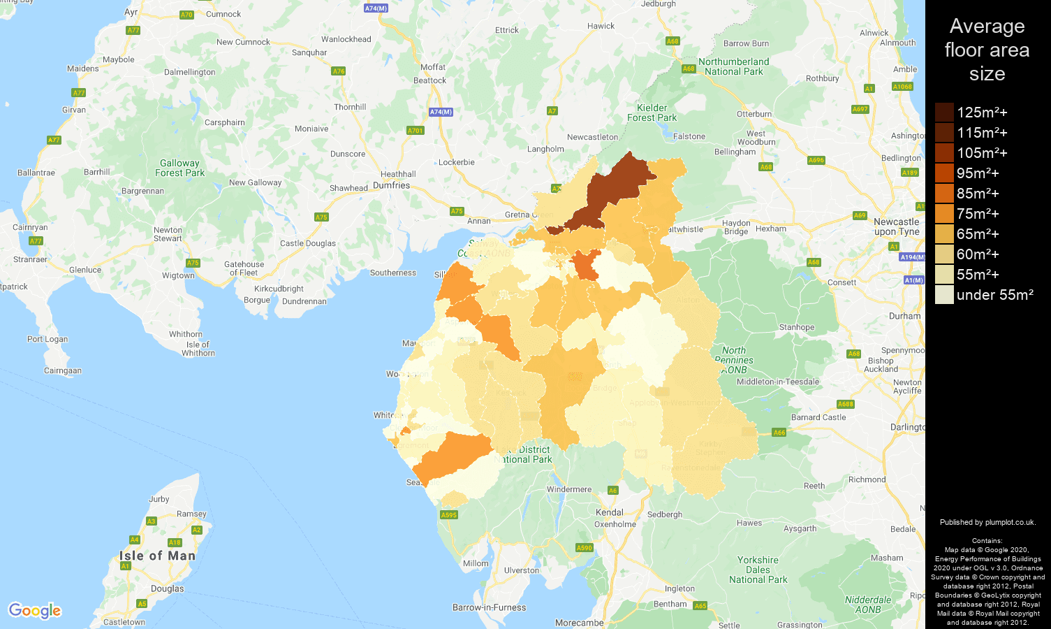 Carlisle map of average floor area size of flats