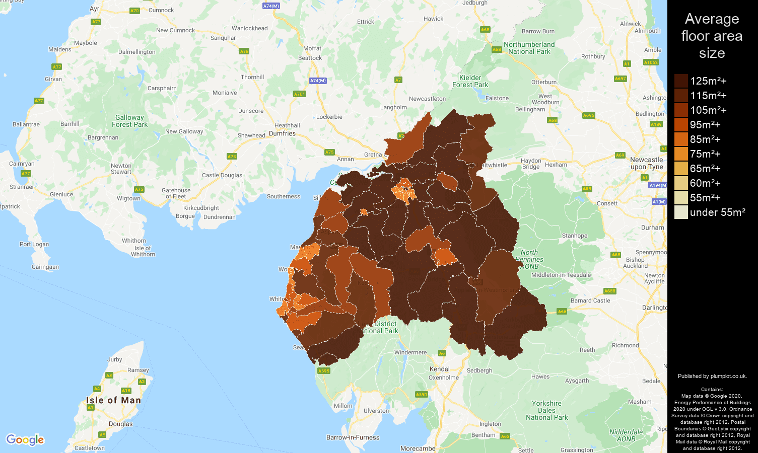 Carlisle map of average floor area size of houses