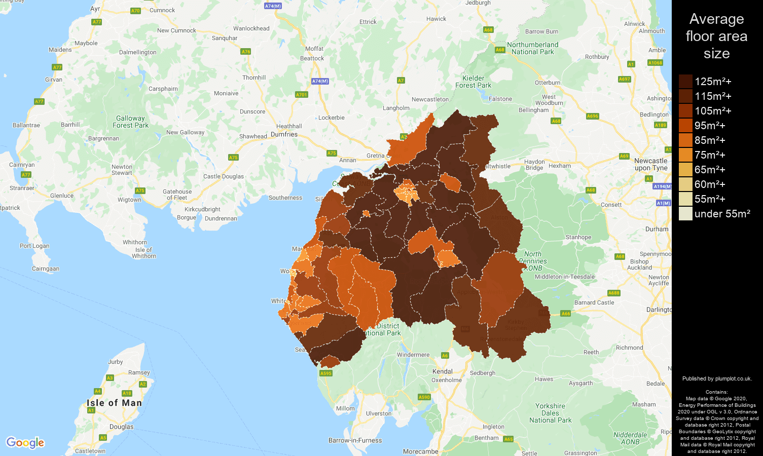 Carlisle map of average floor area size of properties