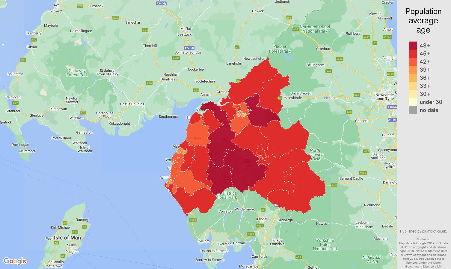 Carlisle population average age map