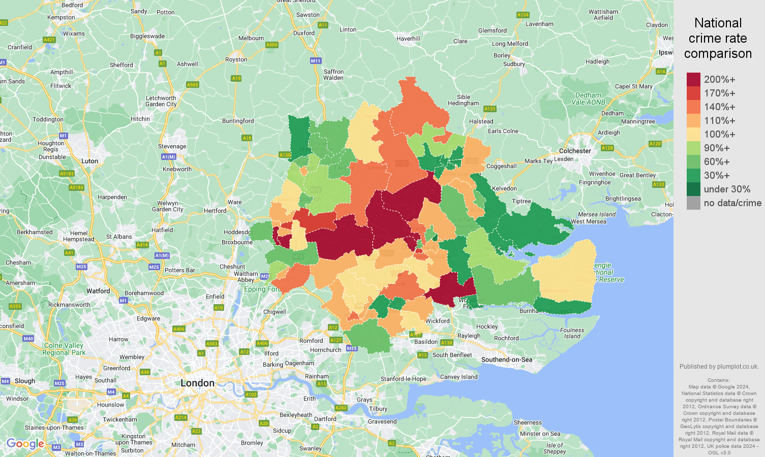 Chelmsford burglary crime rate comparison map