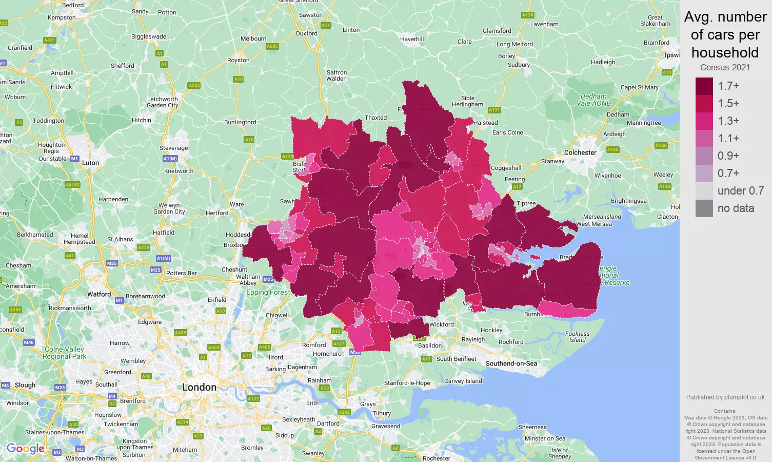 Chelmsford cars per household map