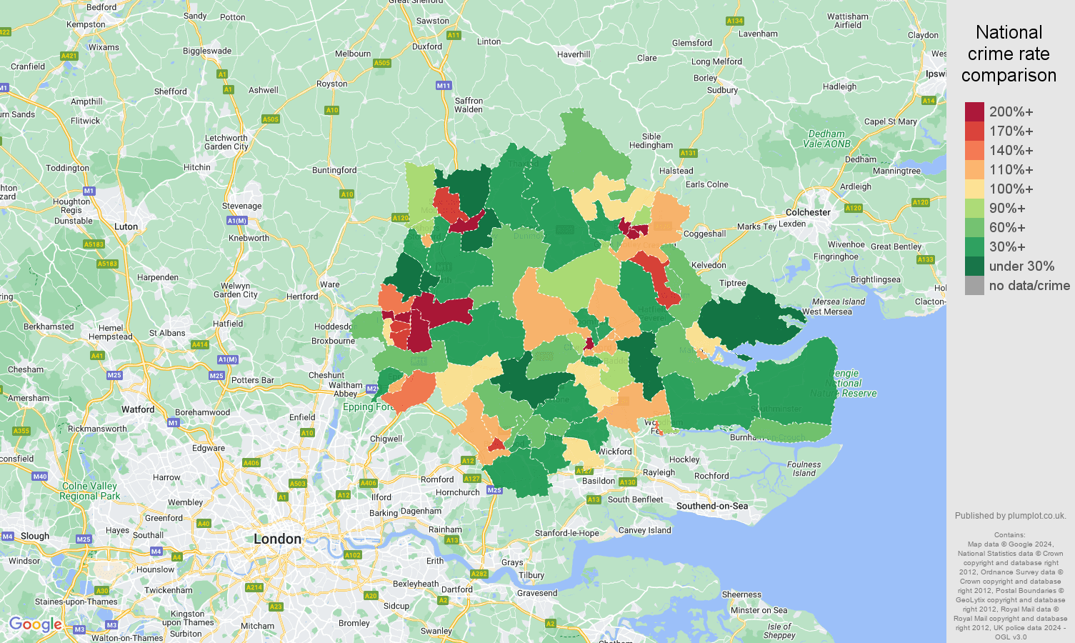 Chelmsford drugs crime rate comparison map