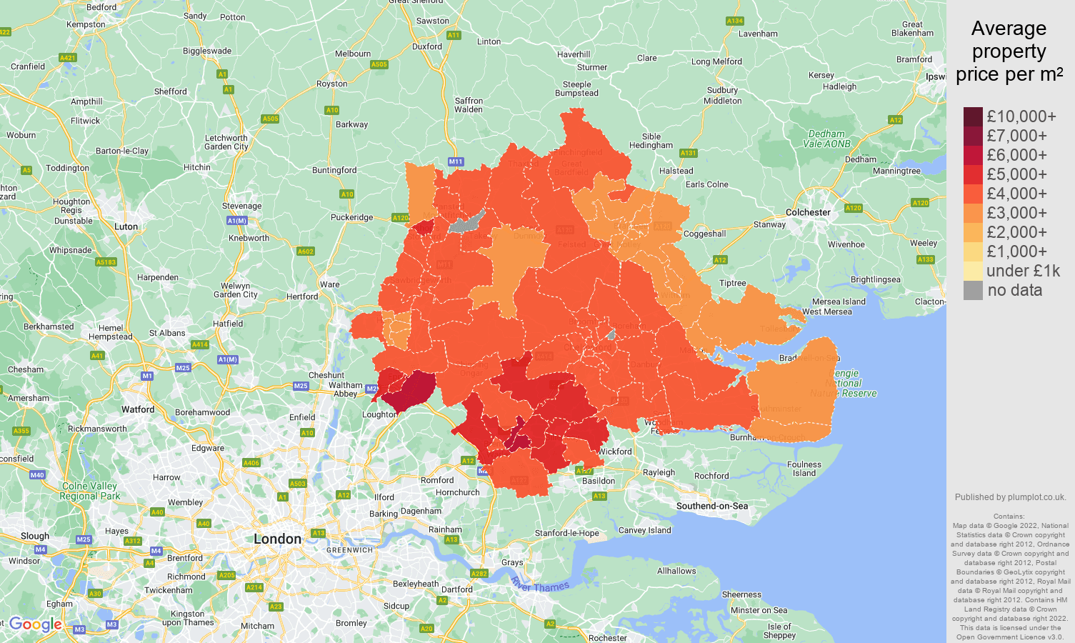 Chelmsford house prices per square metre map