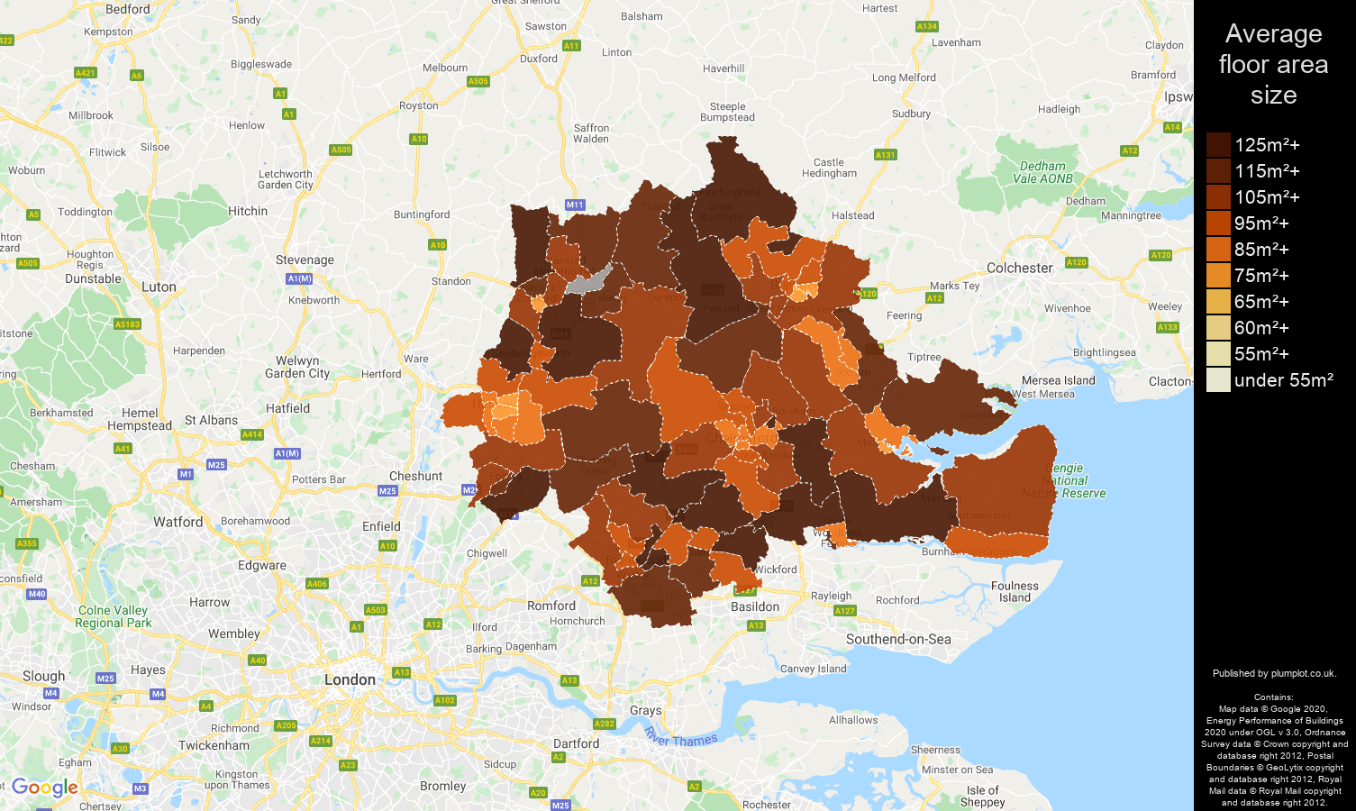 Chelmsford map of average floor area size of houses