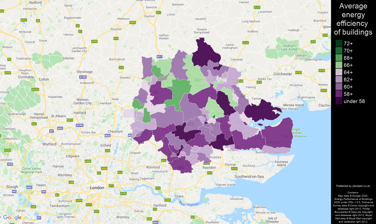 Chelmsford map of energy efficiency of houses
