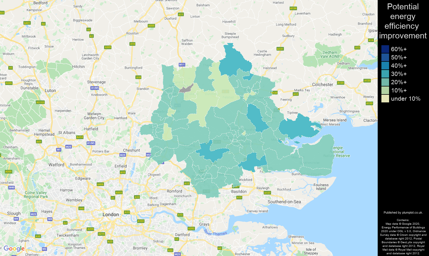 Chelmsford map of potential energy efficiency improvement of houses