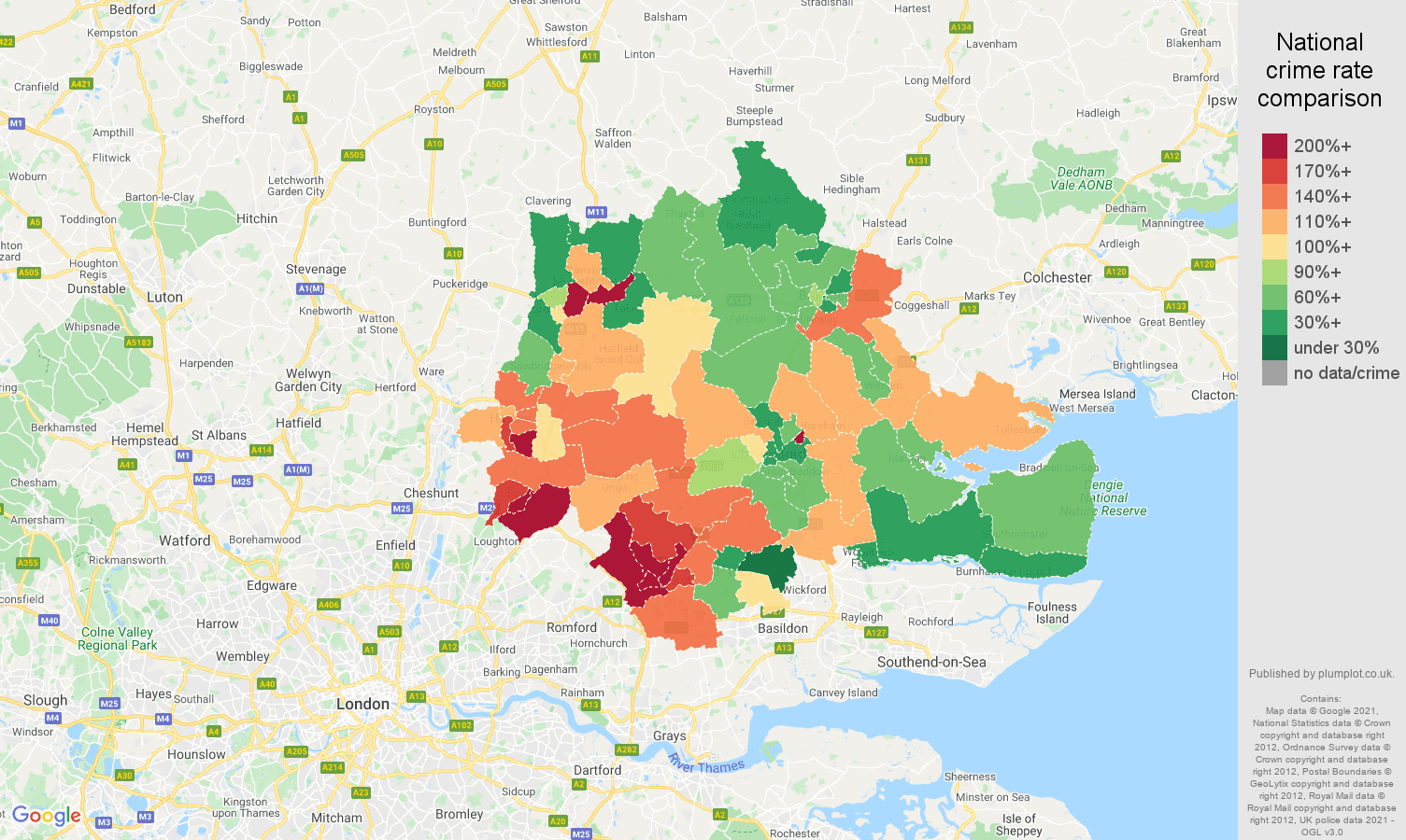Chelmsford vehicle crime rate comparison map