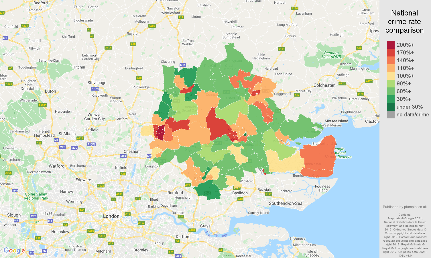 Chelmsford violent crime rate comparison map