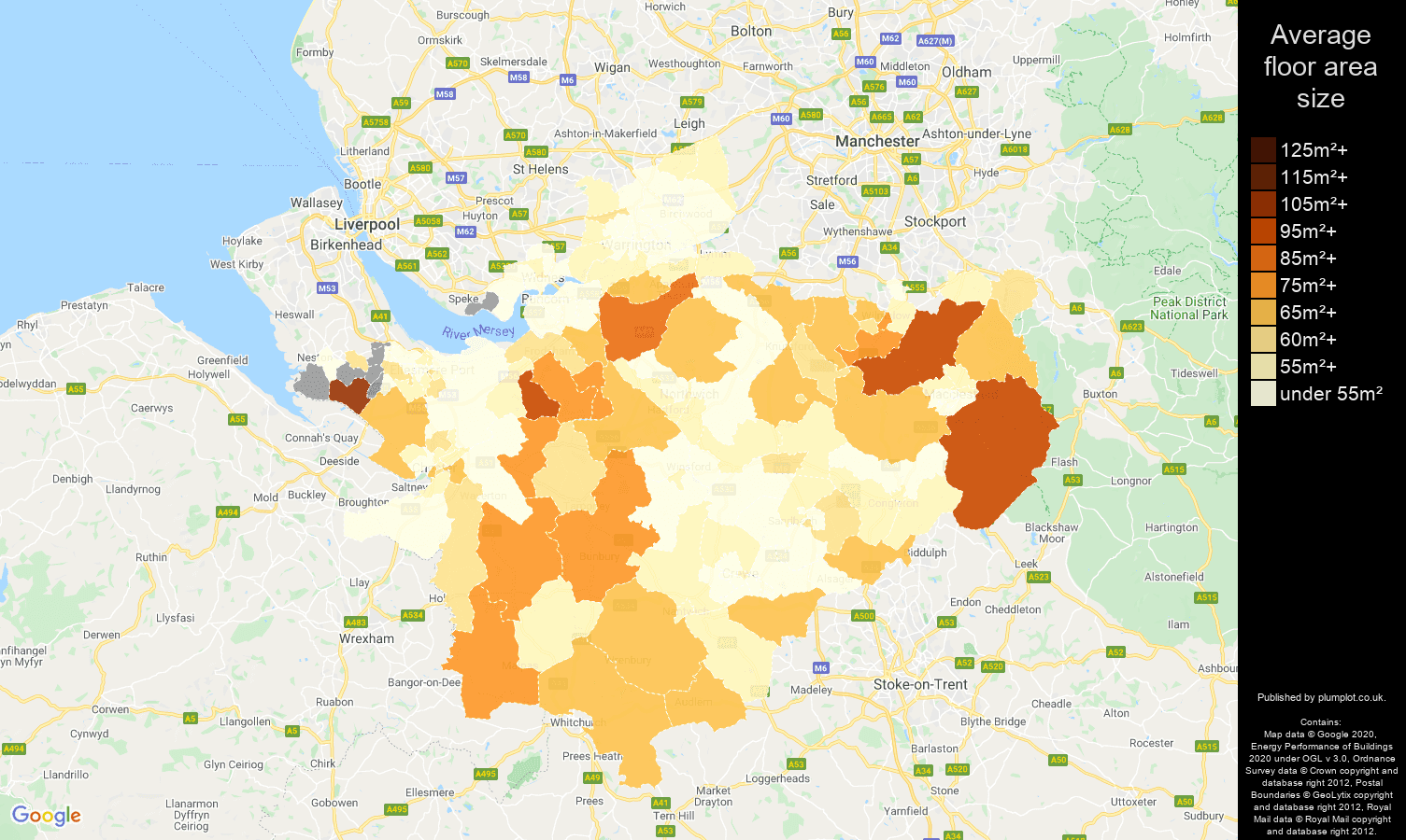 Cheshire map of average floor area size of flats