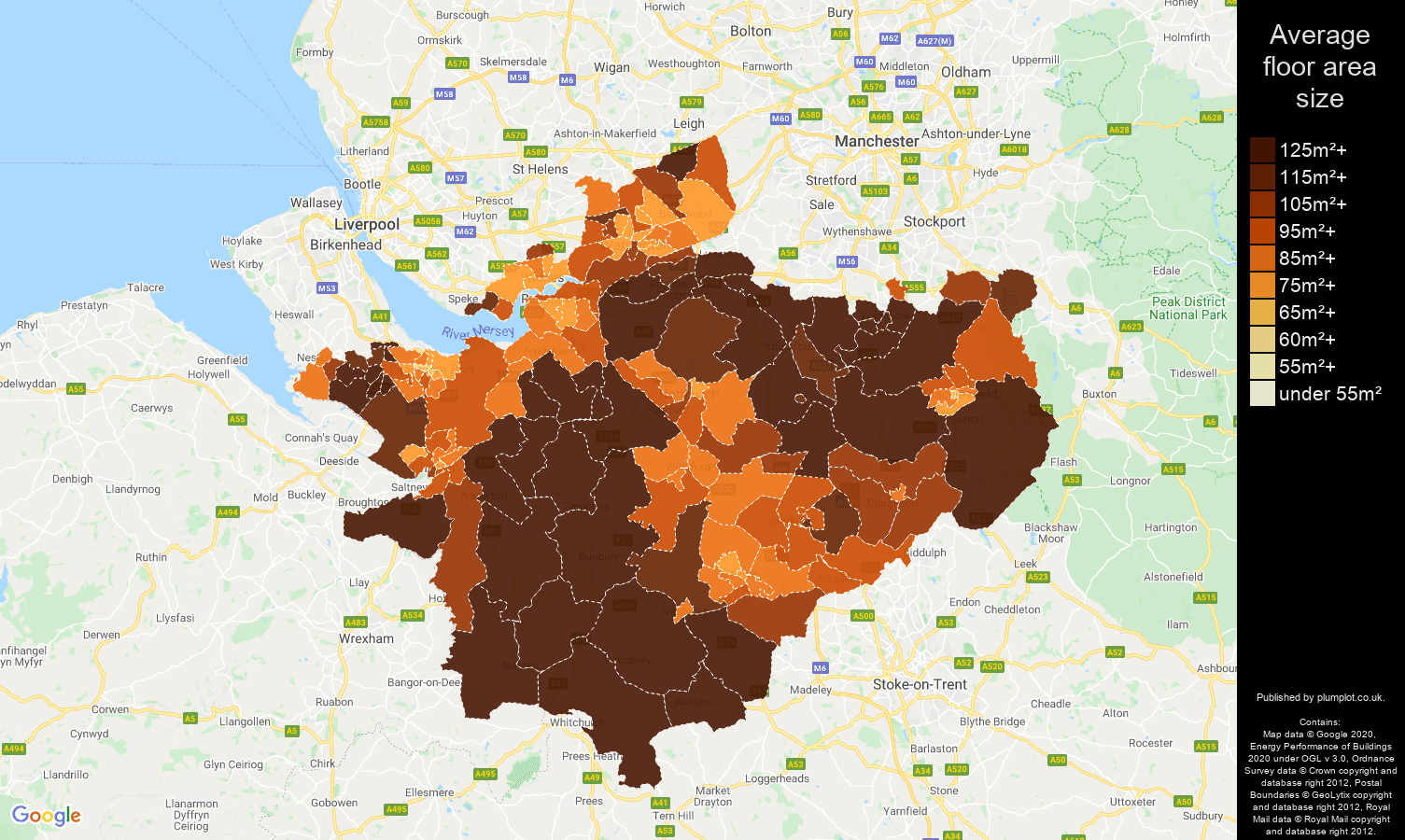 Cheshire map of average floor area size of houses