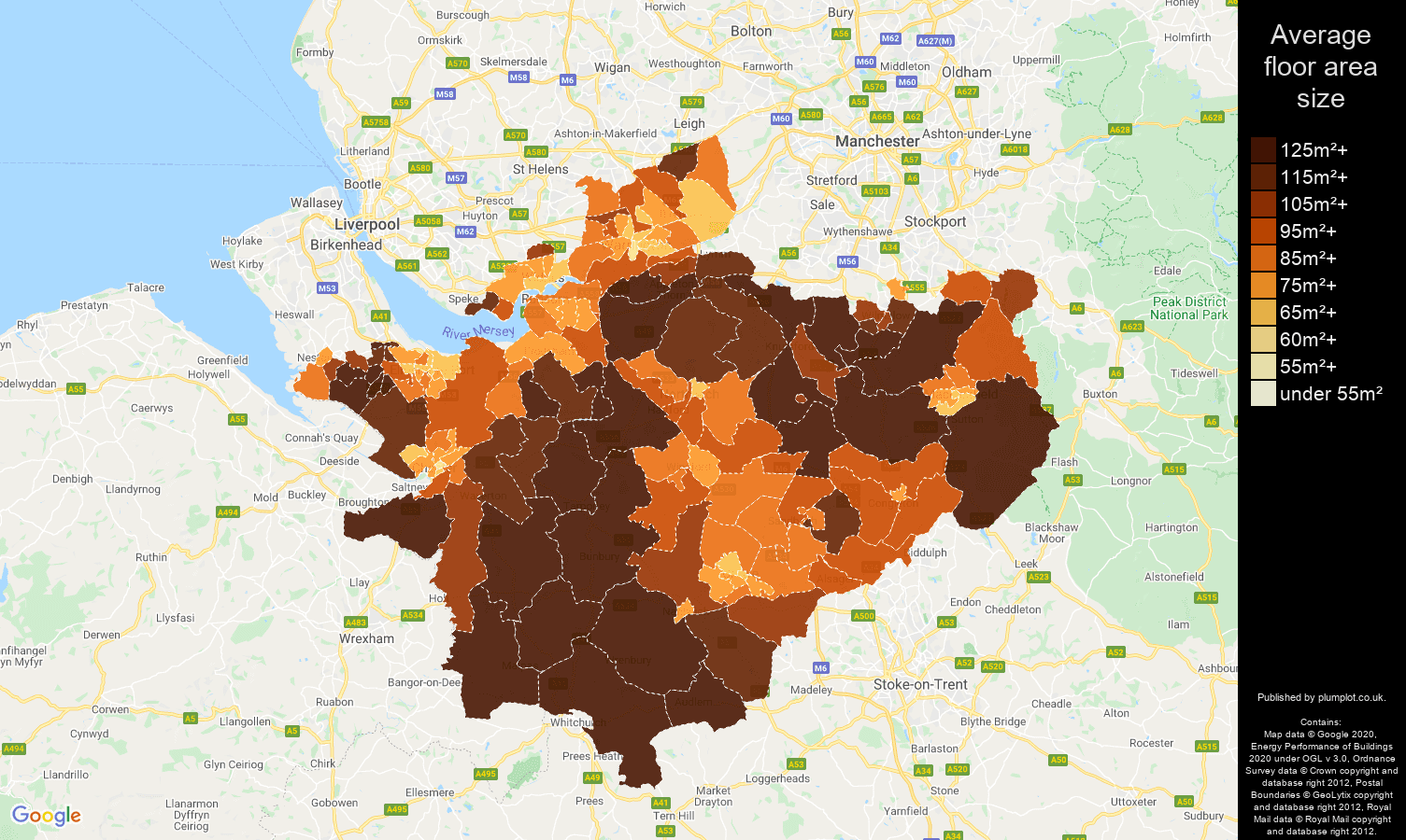 Cheshire map of average floor area size of properties