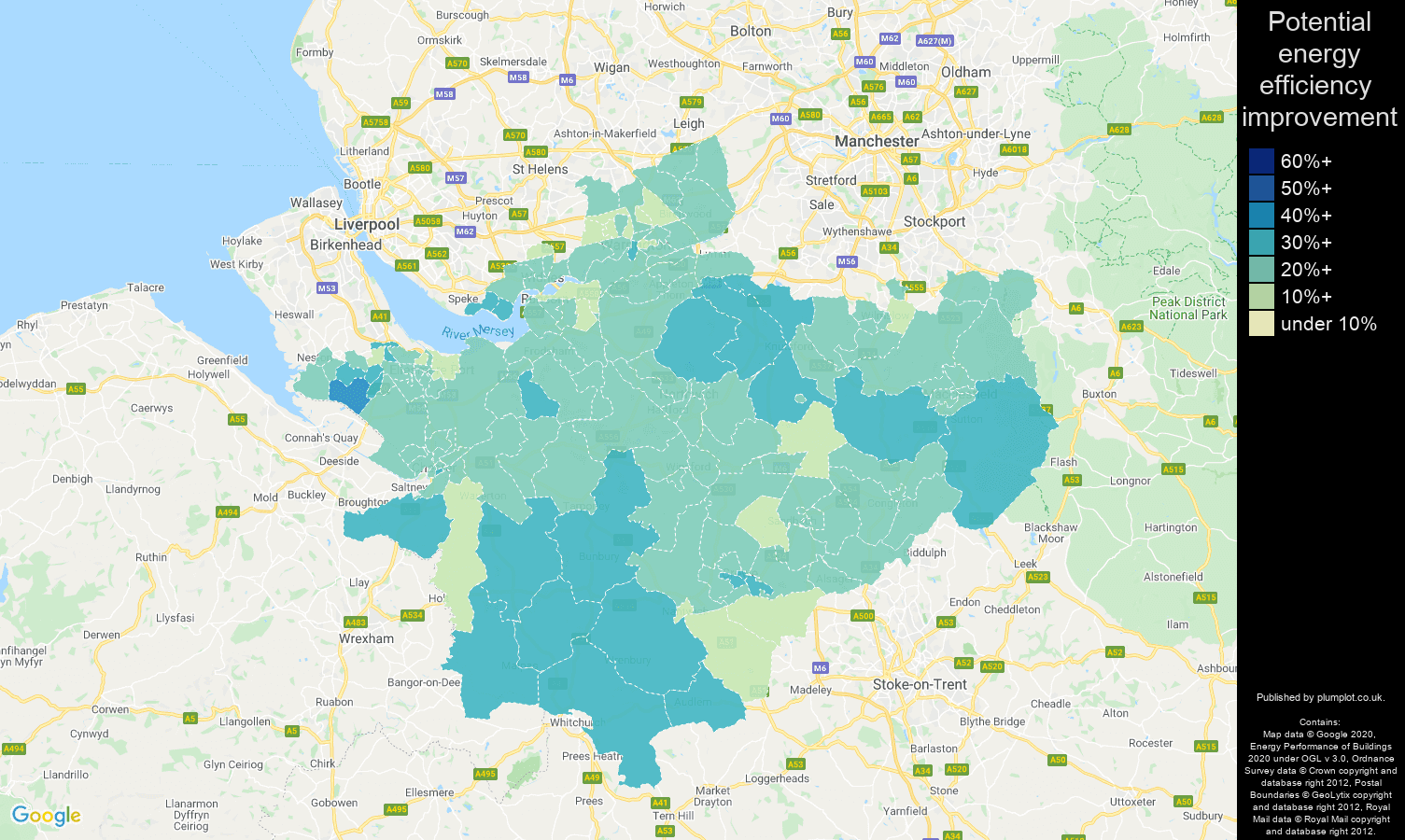 Cheshire map of potential energy efficiency improvement of houses