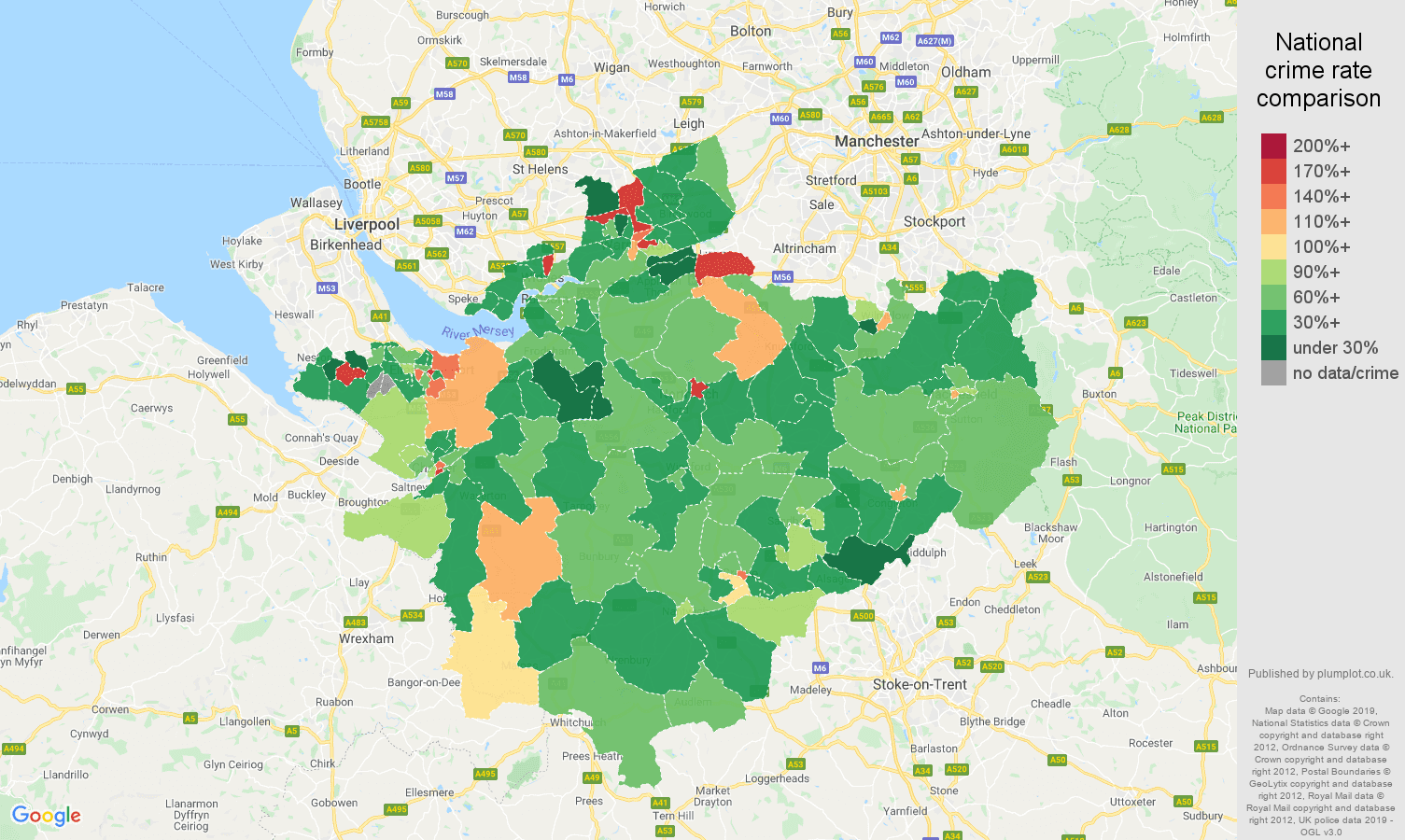 Cheshire other theft crime rate comparison map