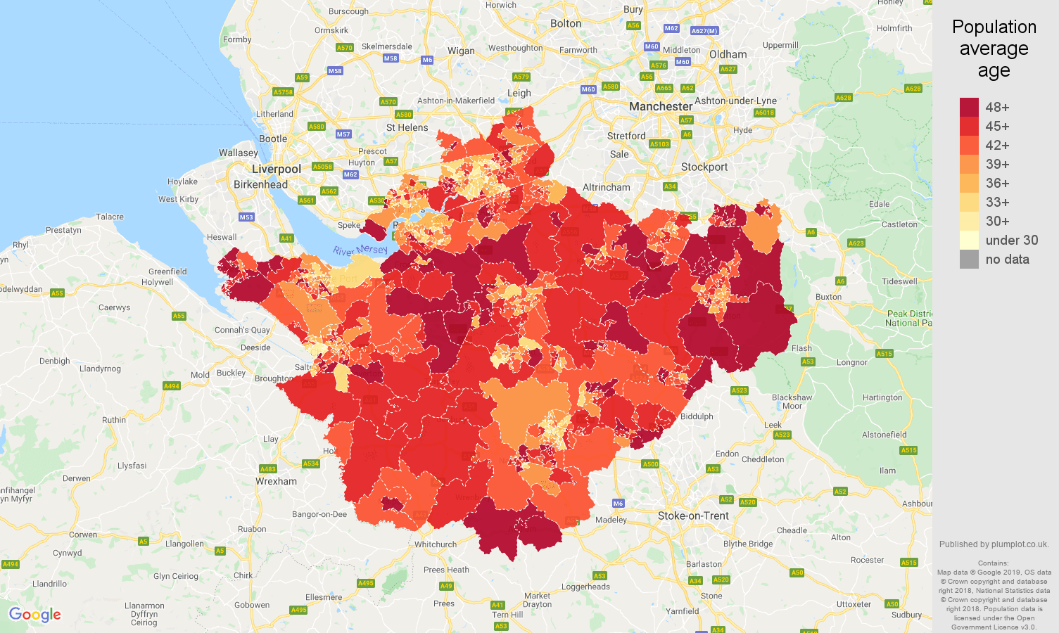 Cheshire population average age map