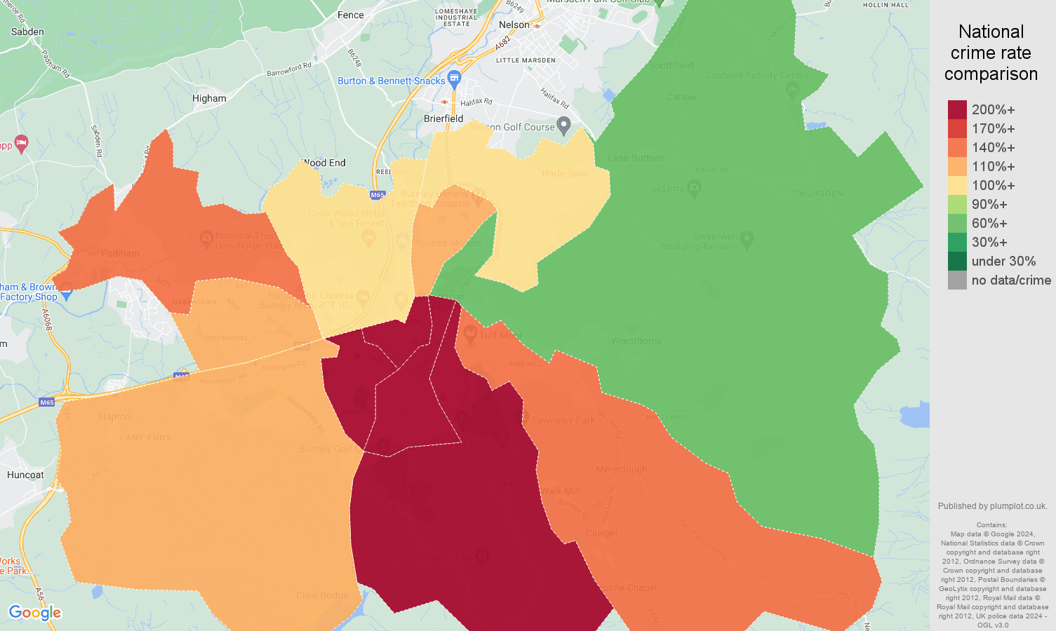 Burnley crime rate comparison map