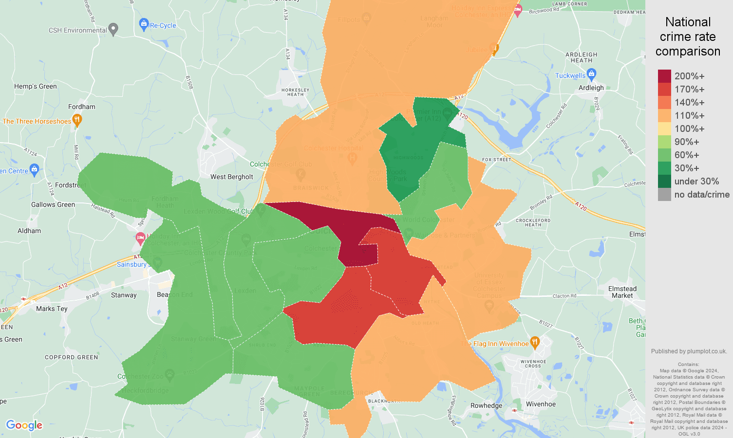 Colchester crime rate comparison map