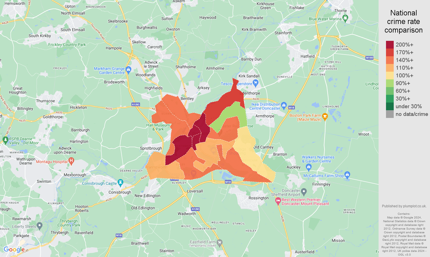 Doncaster crime rate comparison map
