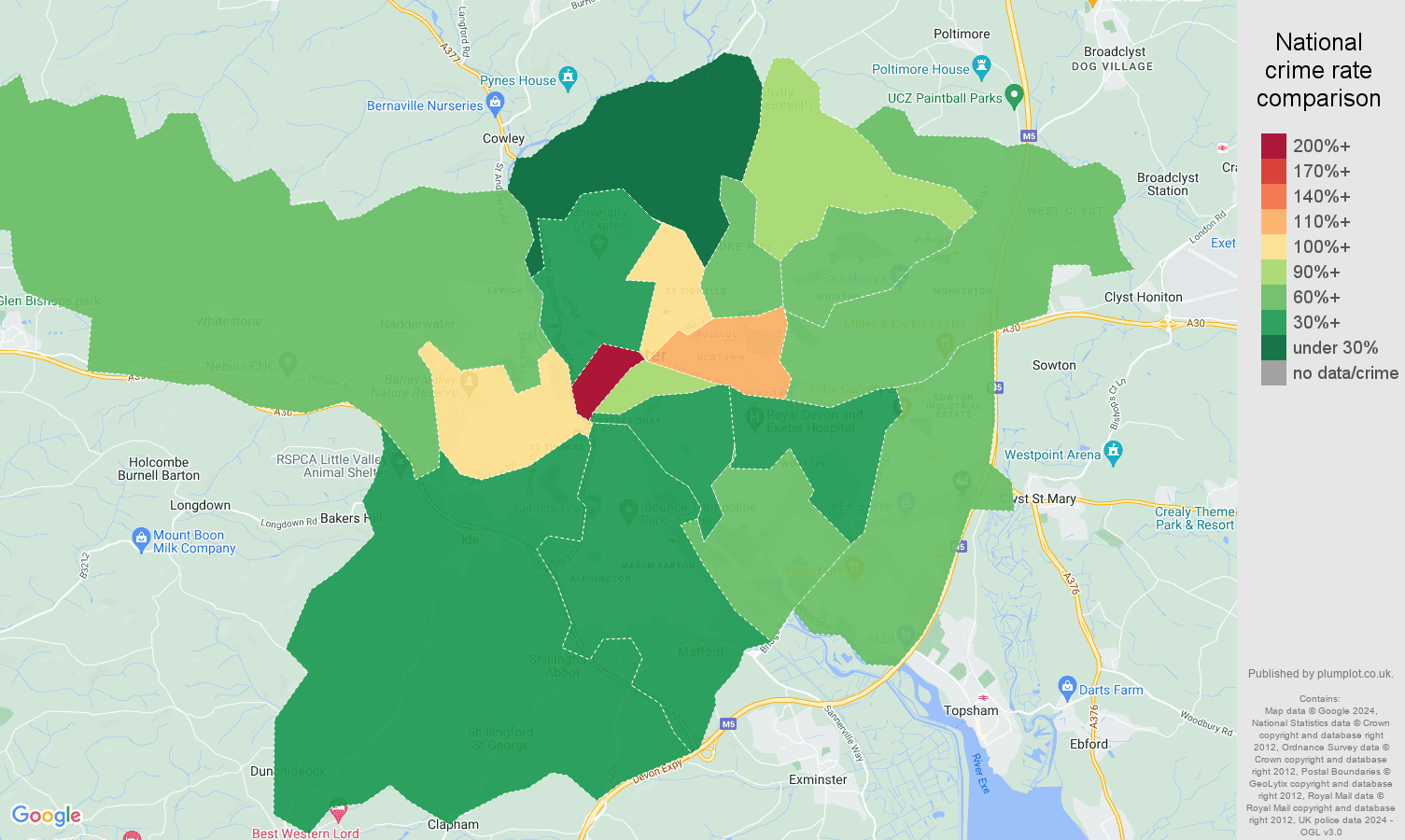 Exeter crime rate comparison map