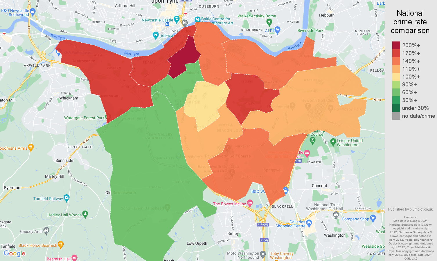 Gateshead crime rate comparison map