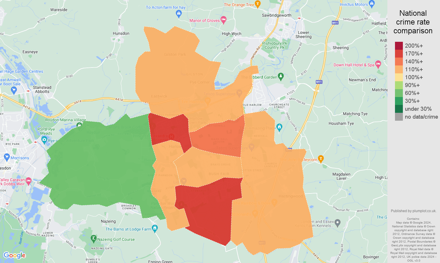 Harlow crime rate comparison map