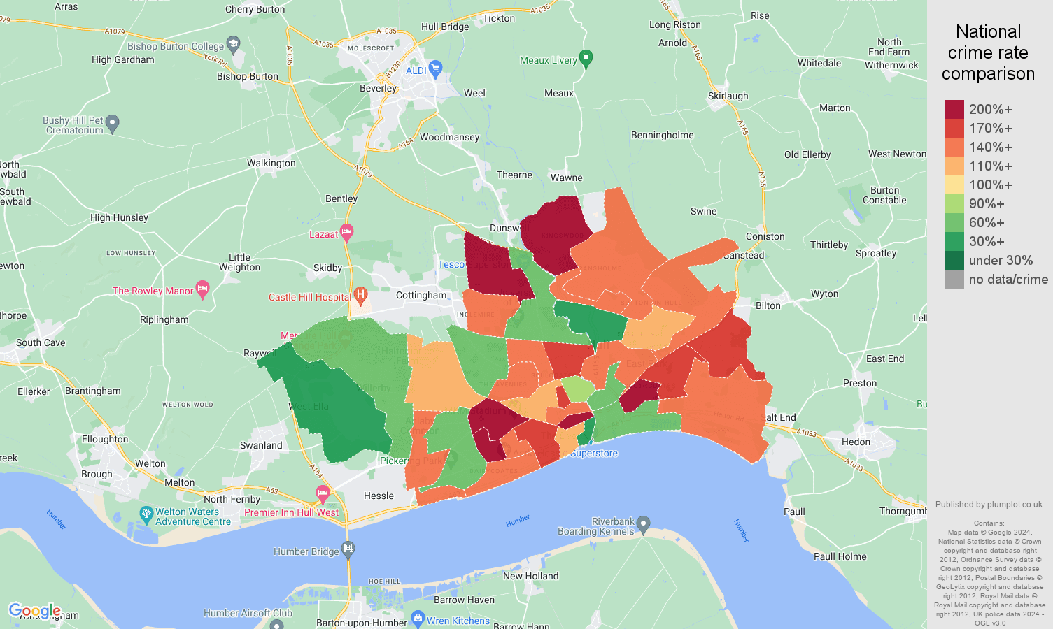 Kingston upon Hull crime rate comparison map