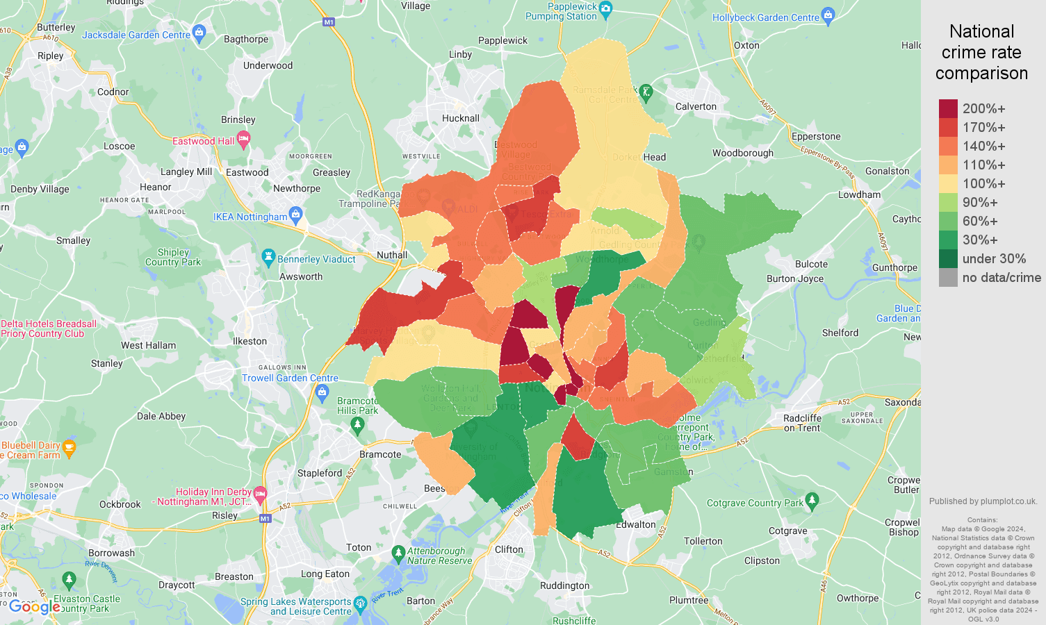 Nottingham crime rate comparison map
