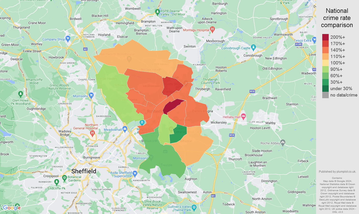 Rotherham crime rate comparison map