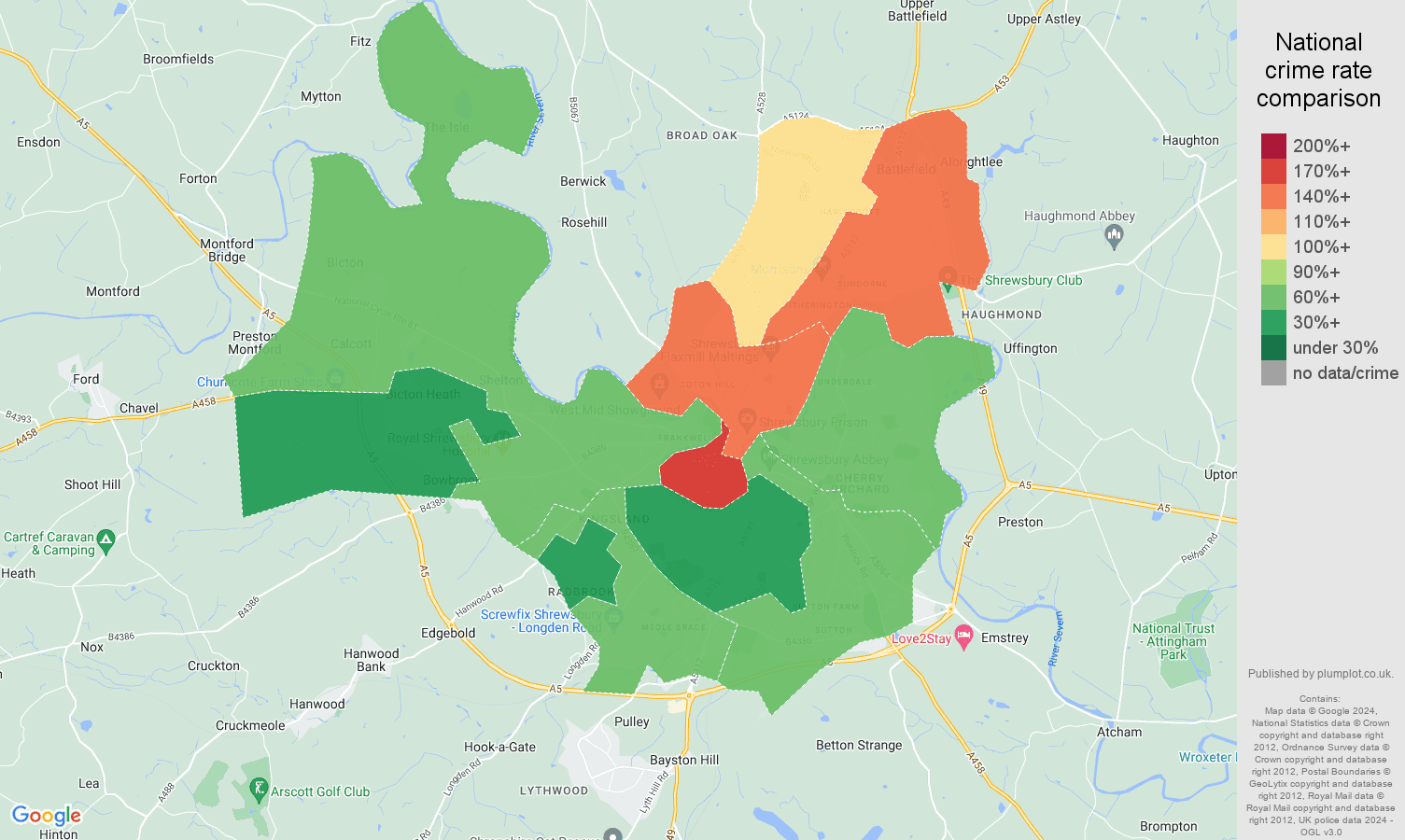Shrewsbury crime rate comparison map