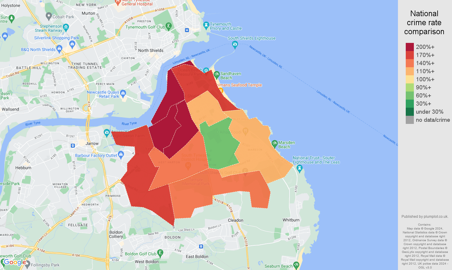 South Shields crime rate comparison map