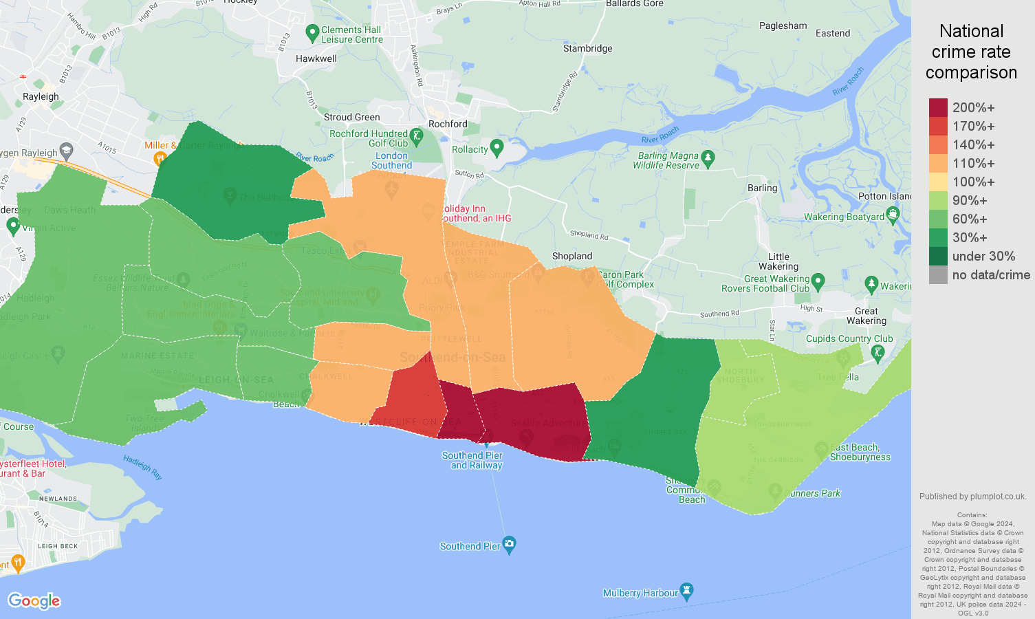 Southend on Sea crime rate comparison map