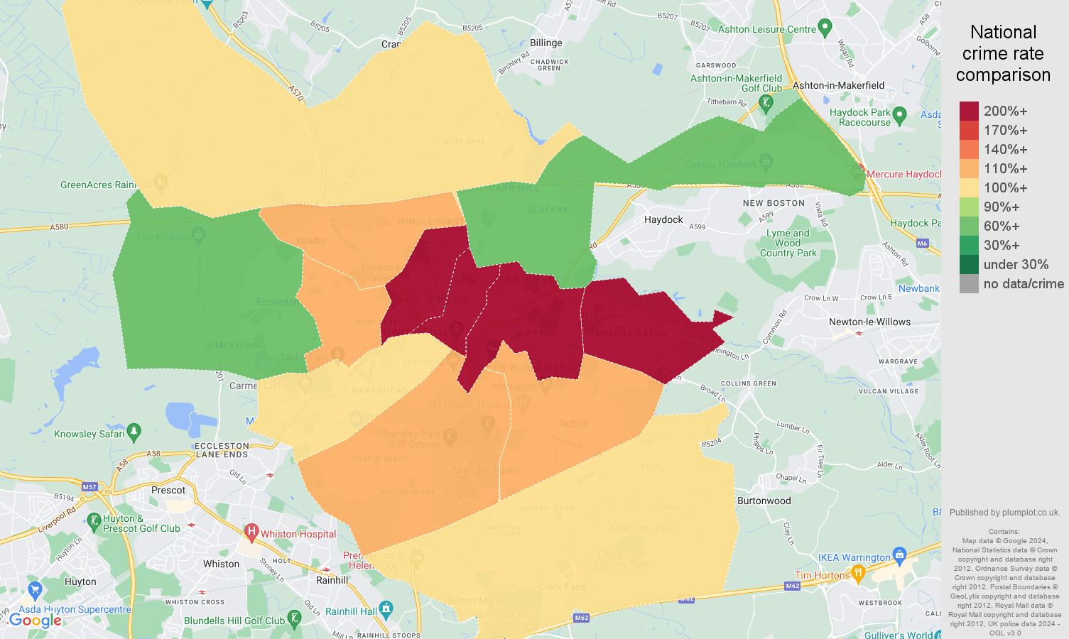 St Helens crime rate comparison map