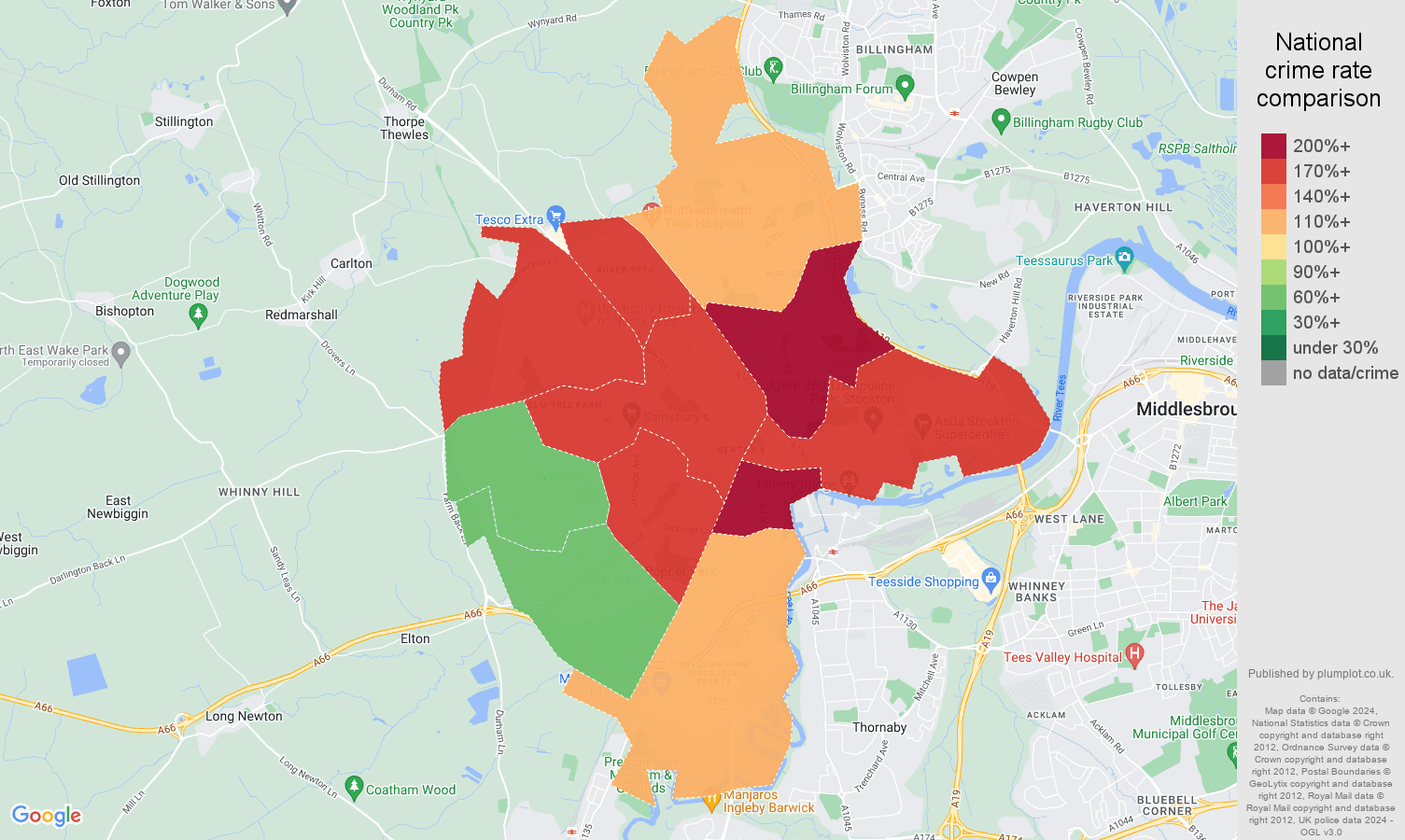 Stockton on Tees crime rate comparison map
