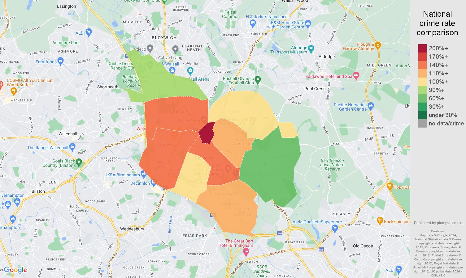 Walsall crime rate comparison map