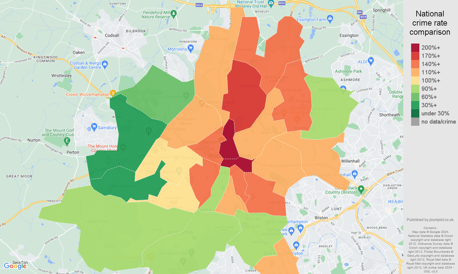 Wolverhampton crime rate comparison map
