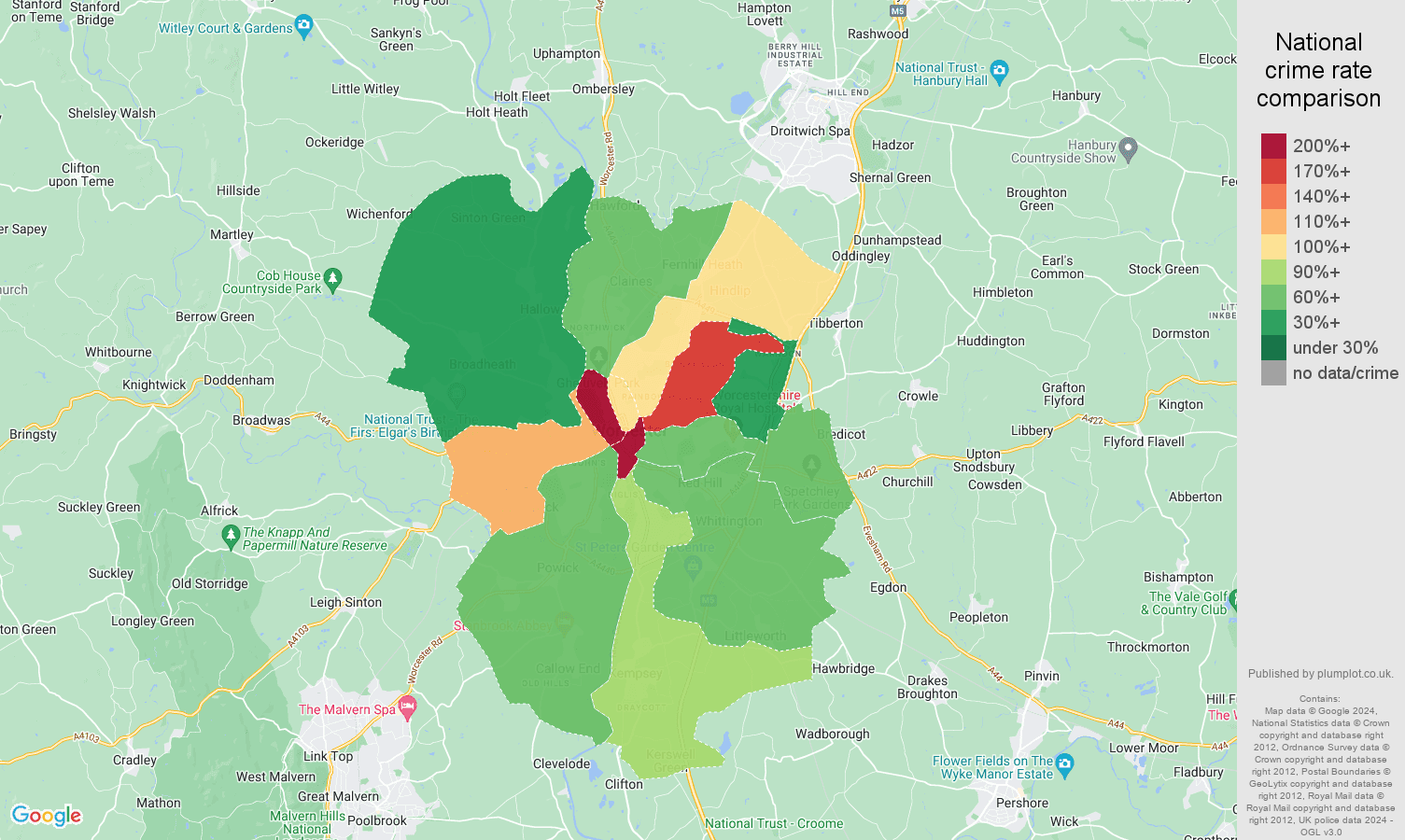 Worcester crime rate comparison map